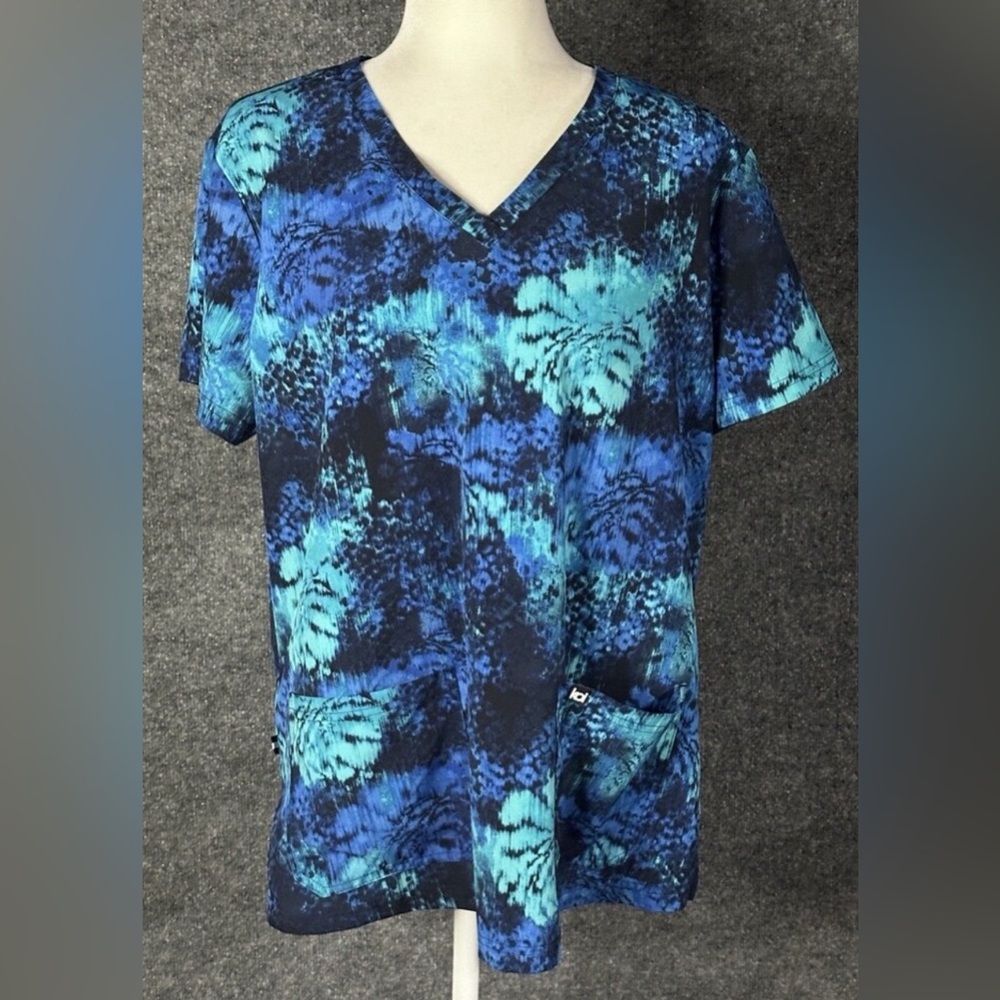 Koi Blue and Black Patterned Scrub Top
